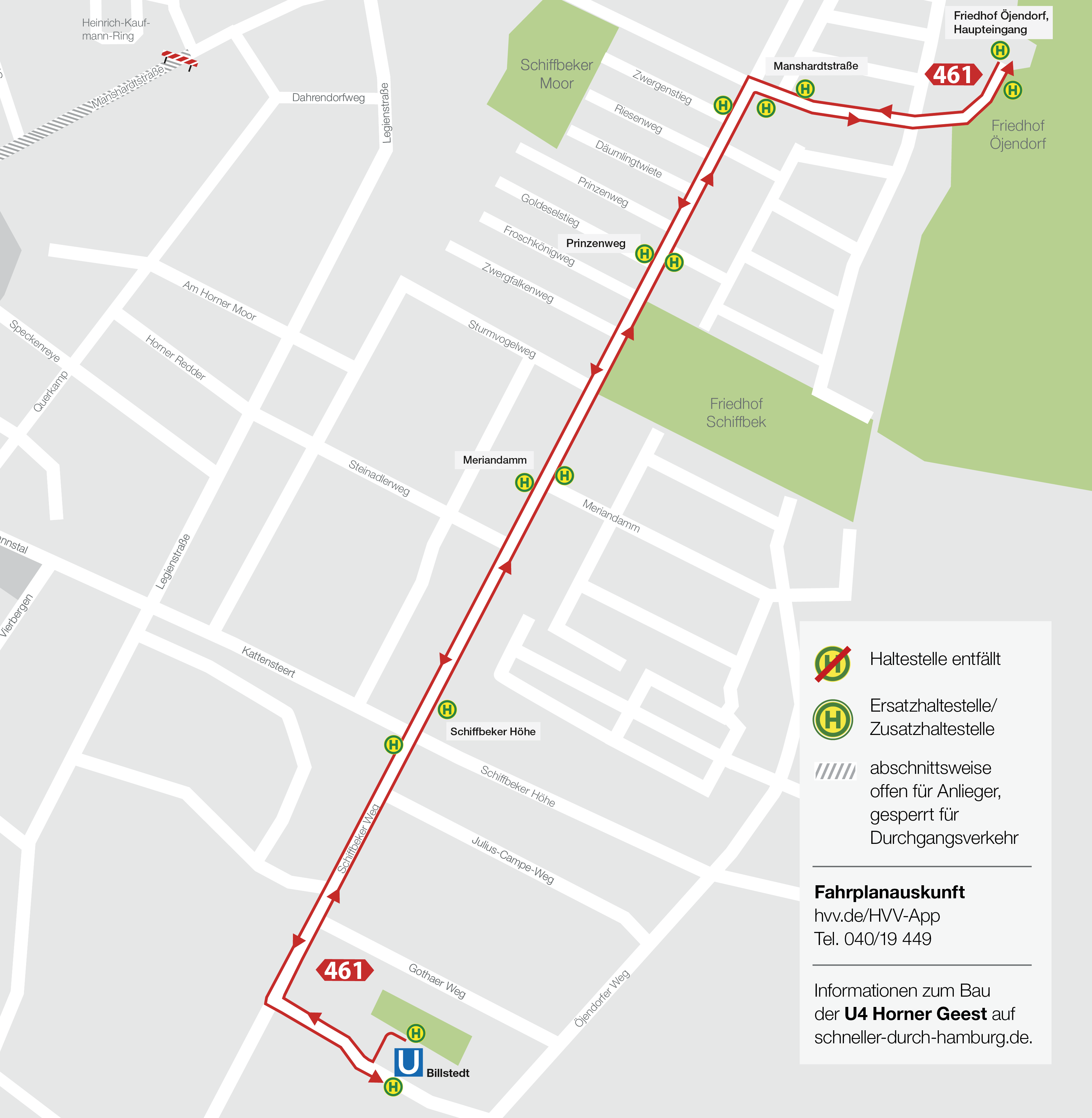 Karte mit der Fahrtroute der Buslinie 461 und ihrer Anbindung an die Haltestelle U-Billstedt.