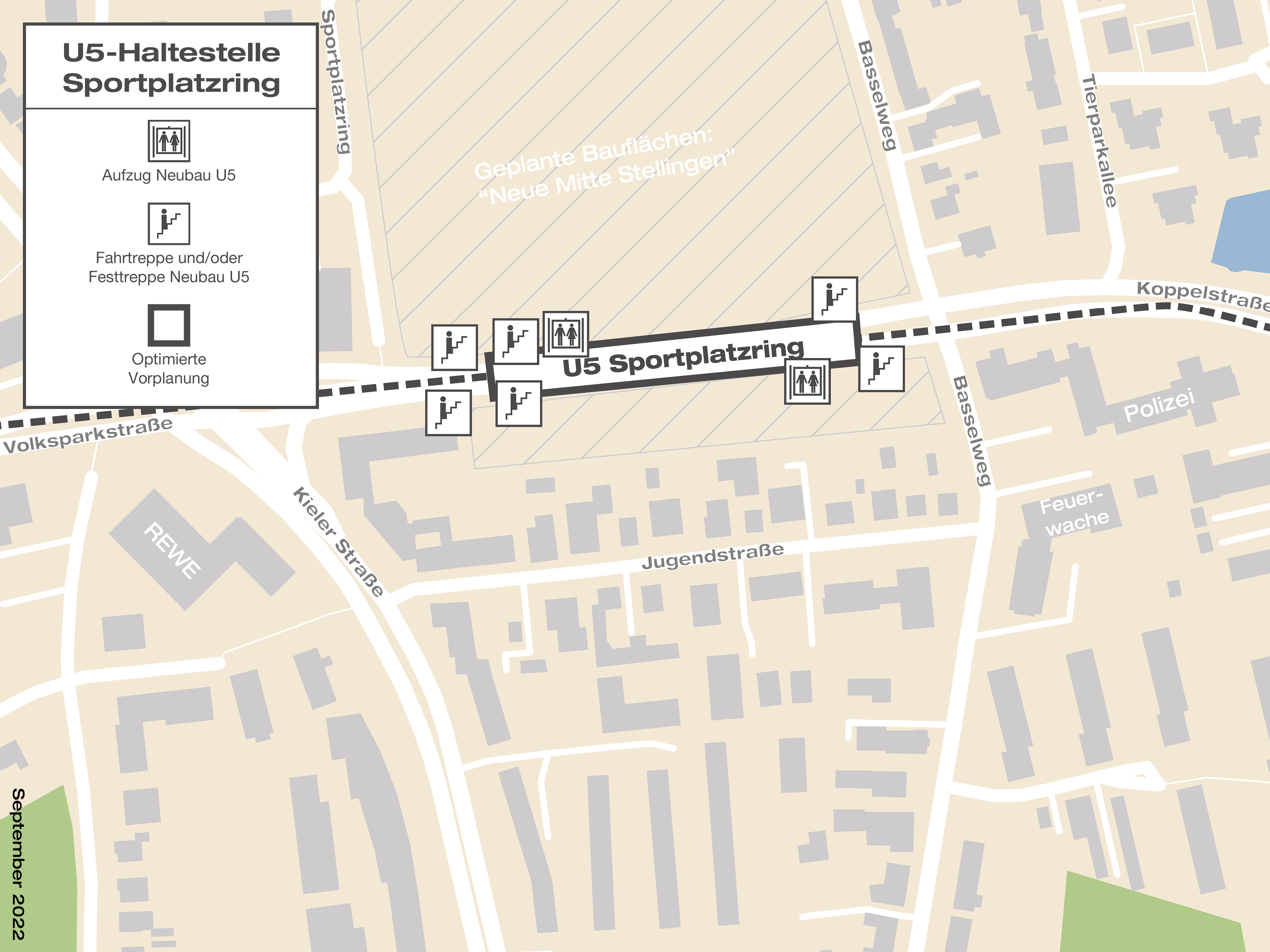 Grafik zeigt Lage von U5-Haltestelle Sportplatzring unter dem Sportplatzring. Zwei Treppenaufgänge, sowie einen Aufzug Richtung Koppelstraße,. Vier Treppenaufgänge und einen Aufzug Richtung Volksparkstraße.