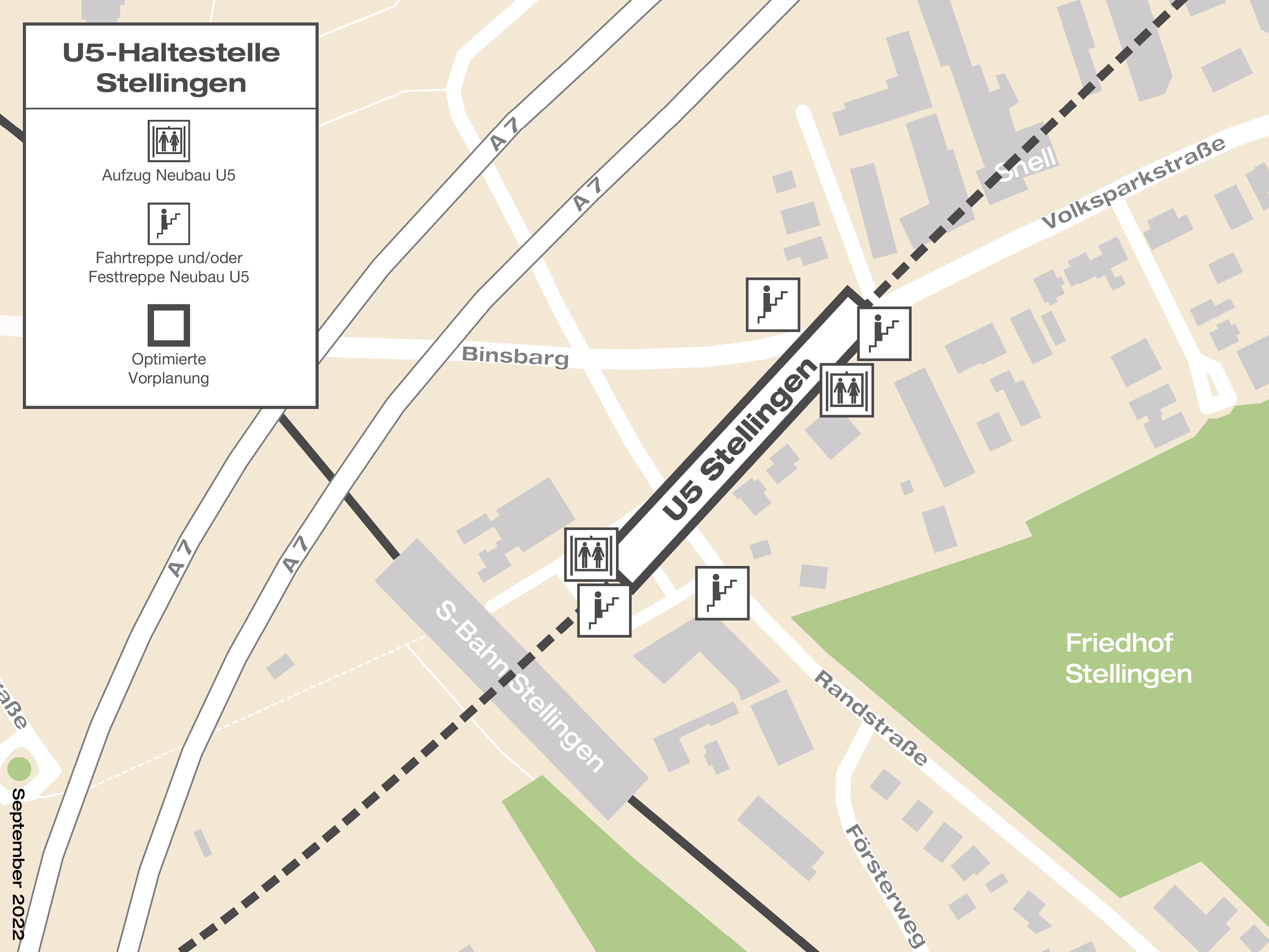 Grafik zu Lage der U5-Haltestelle Stellingen zwischen der Randstraße, Ecke Binsberg und der Volksparkstraße.  Jeweils zwei Treppenaufgänge und ein Aufzug Richtung Volksparkstraße und Richtung S-Bahn-Haltestelle Stellingen