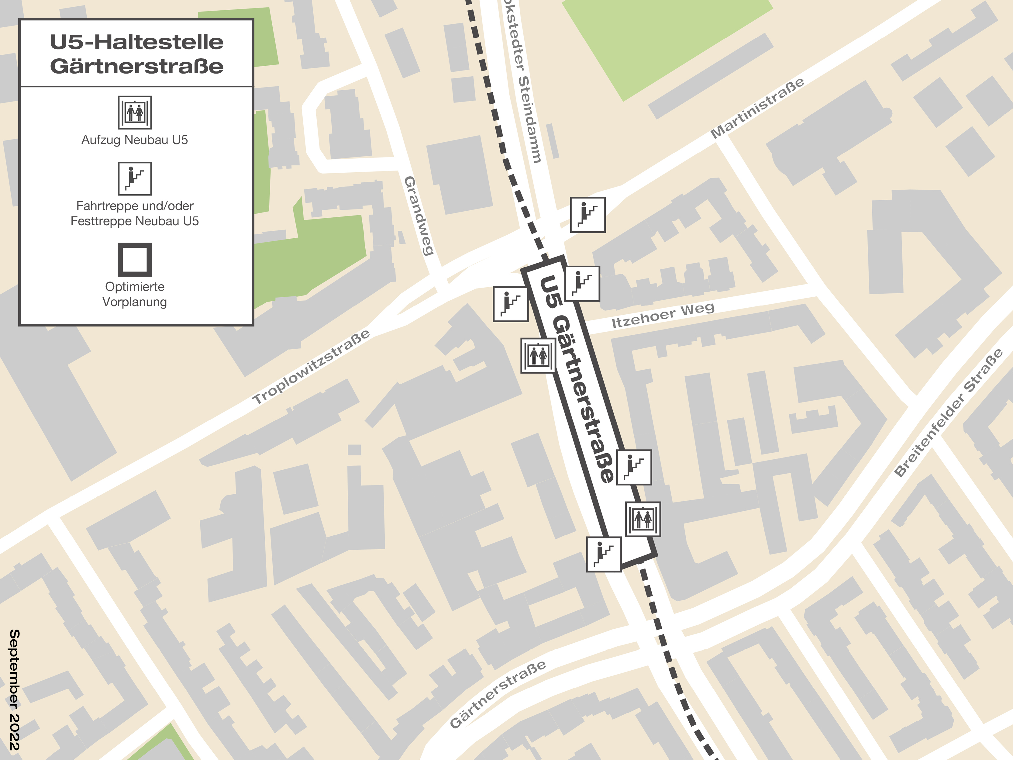 Grafik zeigt Lage und Zugänge der U5-Haltestelle Gärtnerstraße.