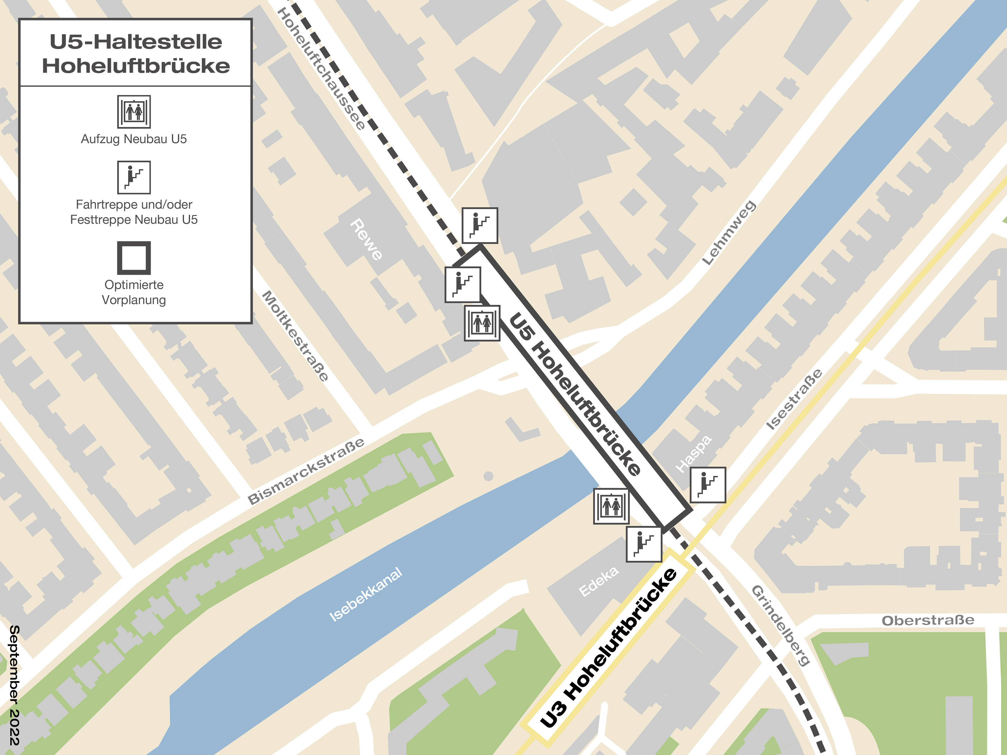 Grafik zeigt Lage und Zugänge der U5-Hahltestelle Hoheluftbrücke.