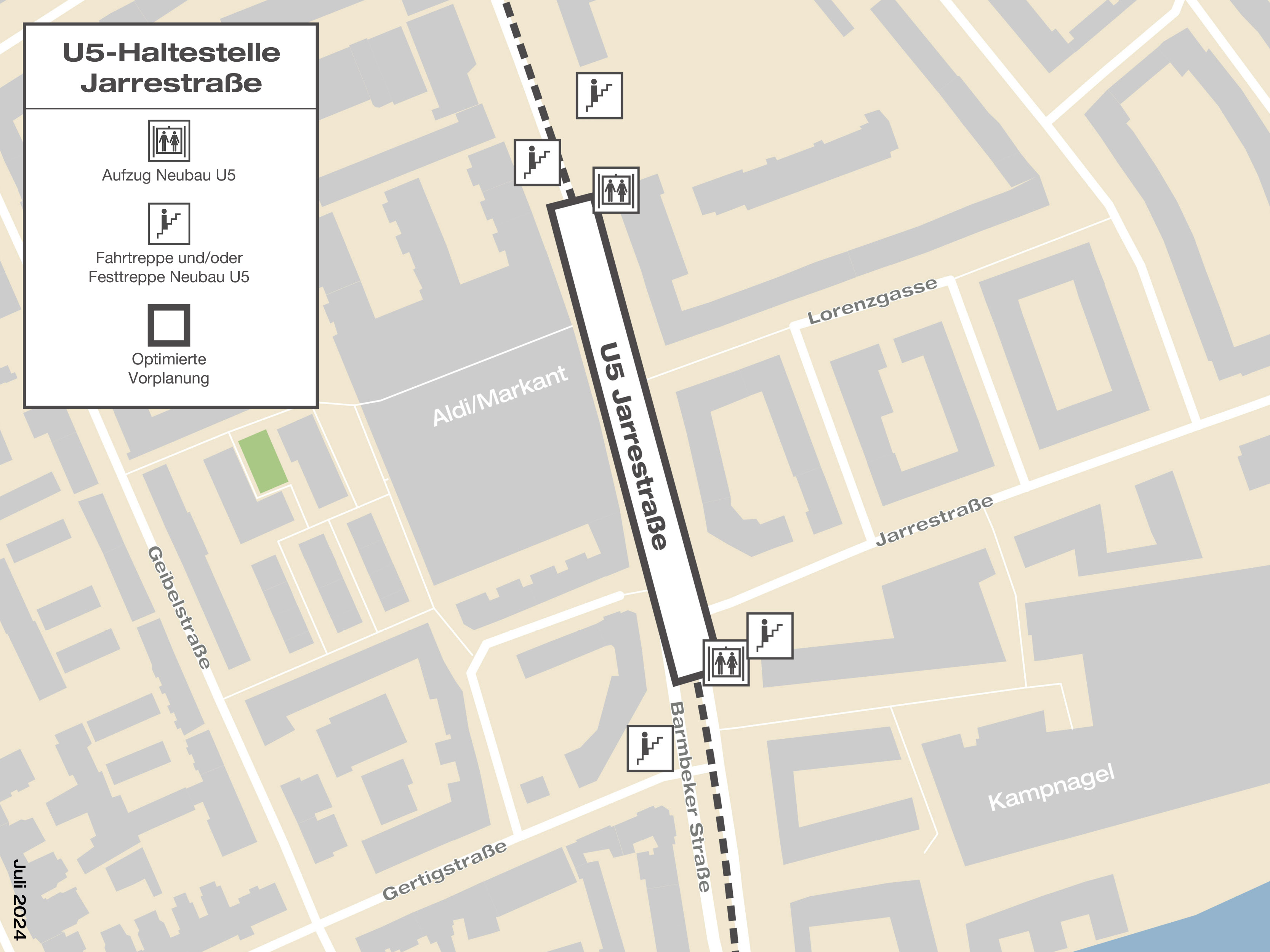 Grafik zeigt Lage und Zugänge der U5 Haltestelle Jarrestraße. Sie liegt unterhalb der Barmbeker Straße, ca. zwischen Jarrestraße und Lorenzgasse.  Zugänge mit Treppen, Rolltreppen und Aufzügen befinden sich am südlichen Ende der Haltestelle im Bereich der Gertigstraße und der Jarrestraße. Nördlich führen dieselben Zugangsmöglichkeiten auf beiden Seiten der Barmbeker Straße an die Oberfläche, auf Höhe der Grundschule Forsmannstraße