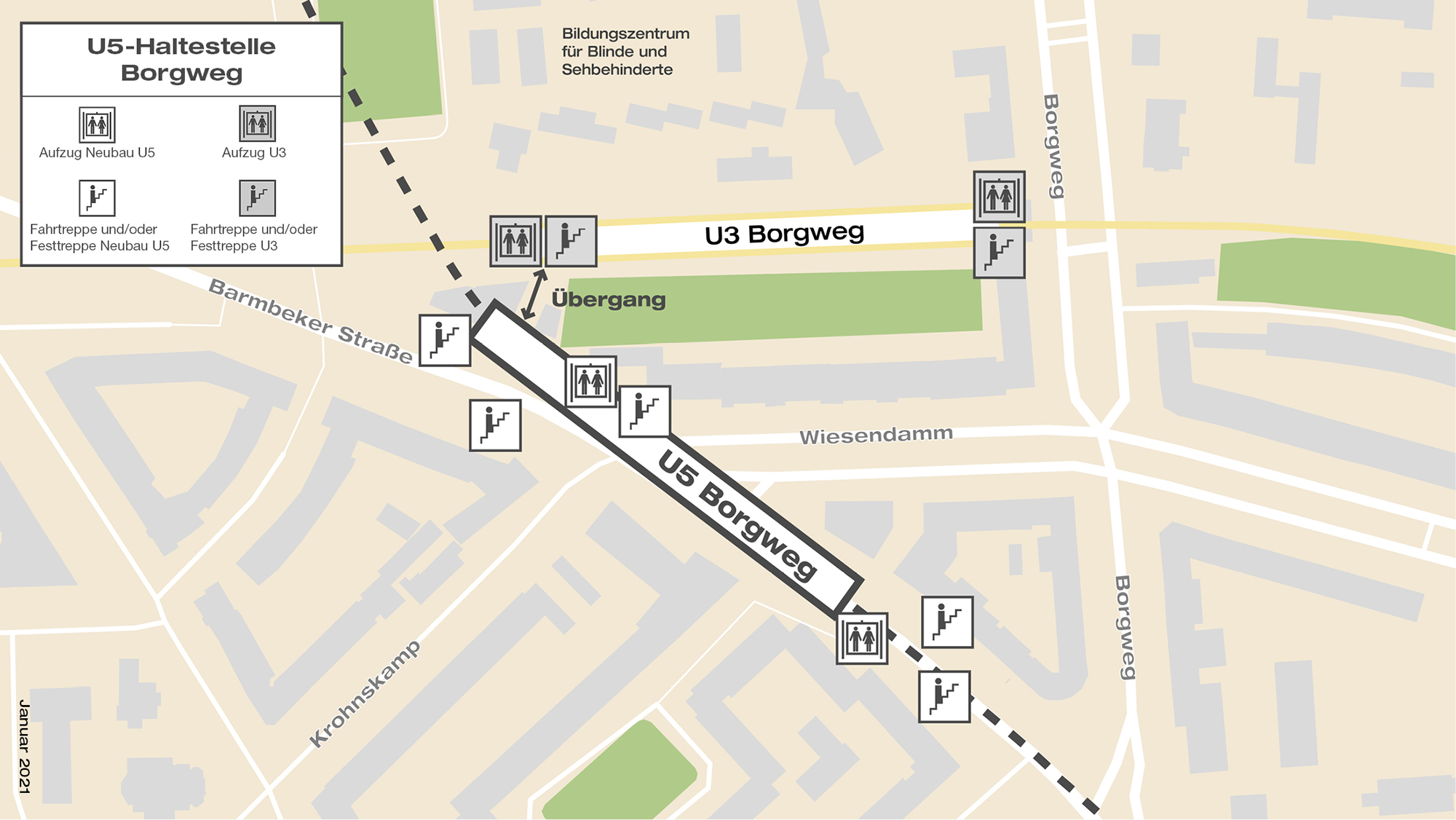 Grafik zeigt Lage und Zugänge der U5-Haltestelle Borgweg. 