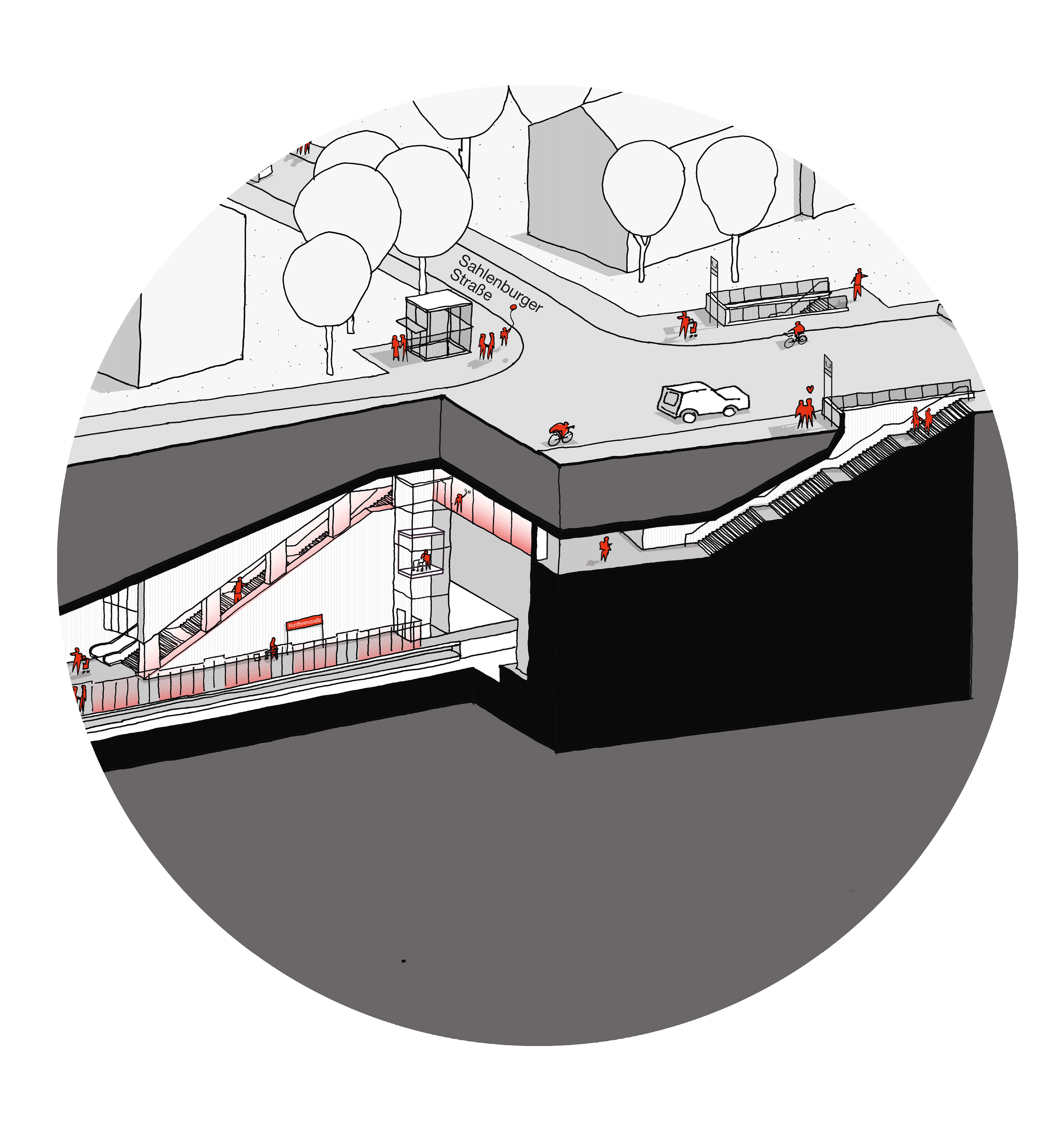 Grafik des östlichen Zugangs der geplanten Haltestelle U5 Nordheimstraße im Querschnitt.