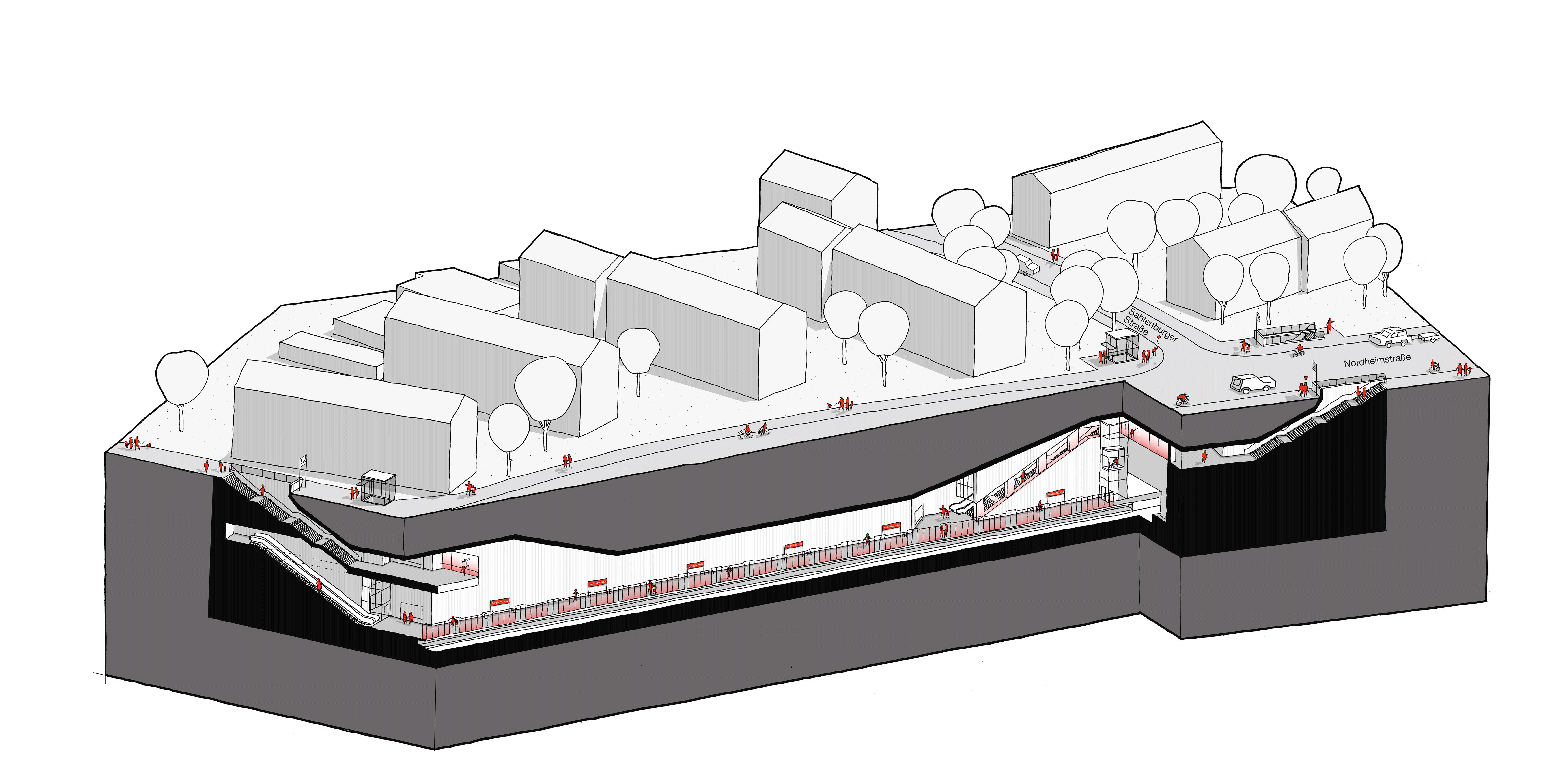 Grafik der geplanten U5 Haltestelle Nordheimstrasse im Querschnitt: Unter der Nordheimstraße Ecke Fuhlsbüttler Straße liegt die nächste U5-Haltestelle auf dem Weg Richtung Innenstadt.