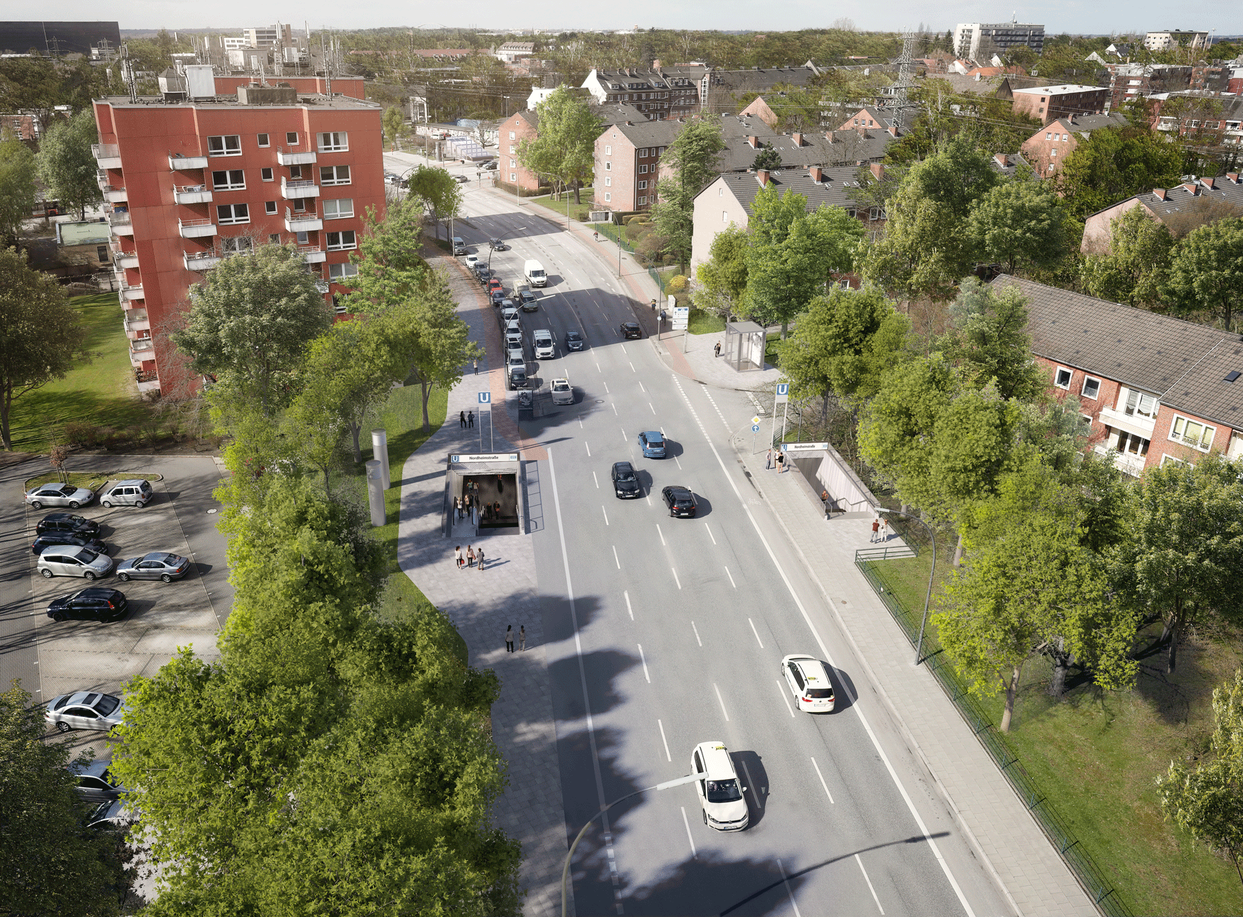 Visualisierung der östlichen Ausgänge der geplanten U5 Haltestelle Nordheimstrasse auf Strassenebene.