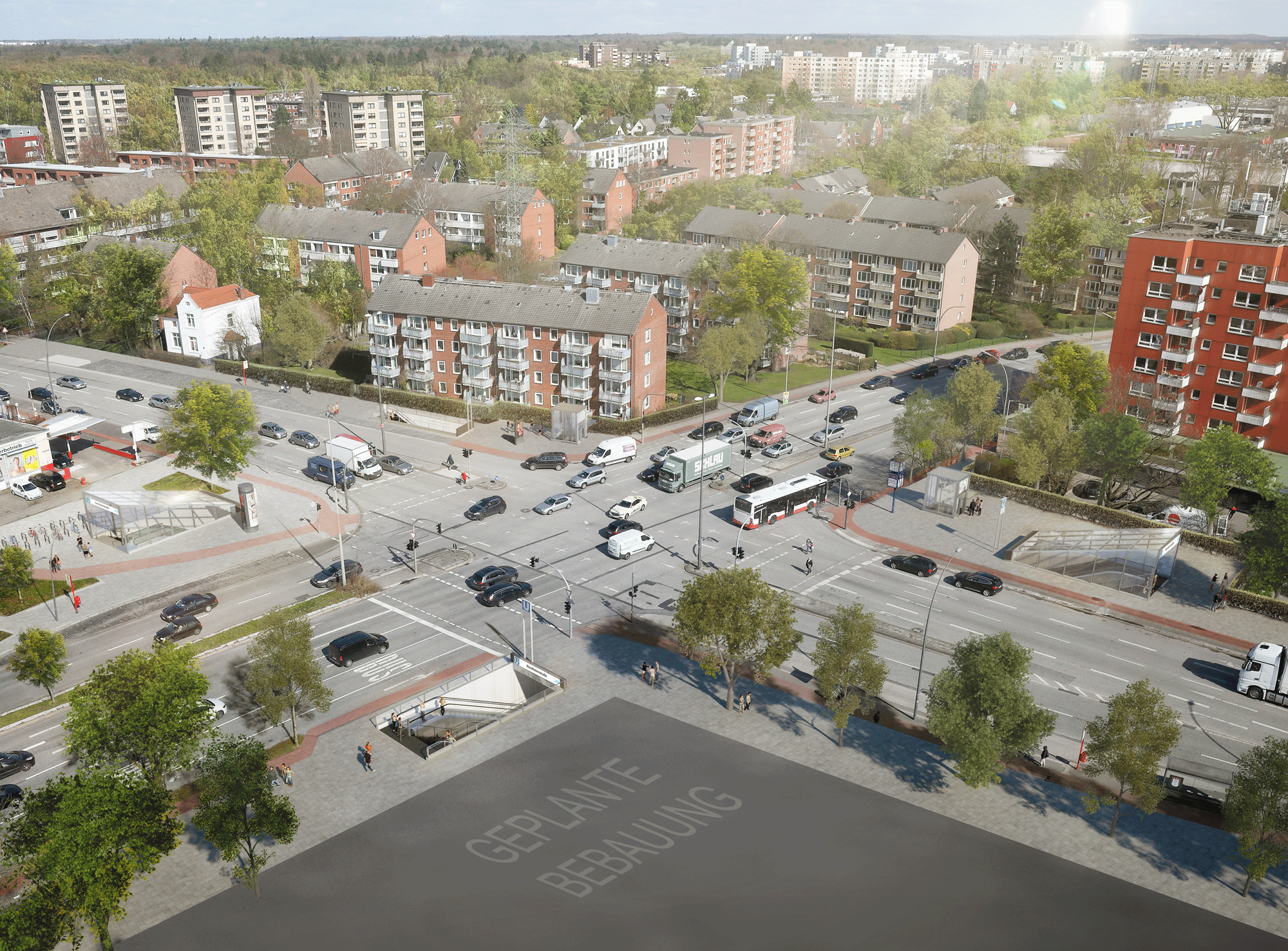 Visulisierung Kreuzung Fuhlsbüttler Straße/Nordheimstraße aus der Vogelperspektive.