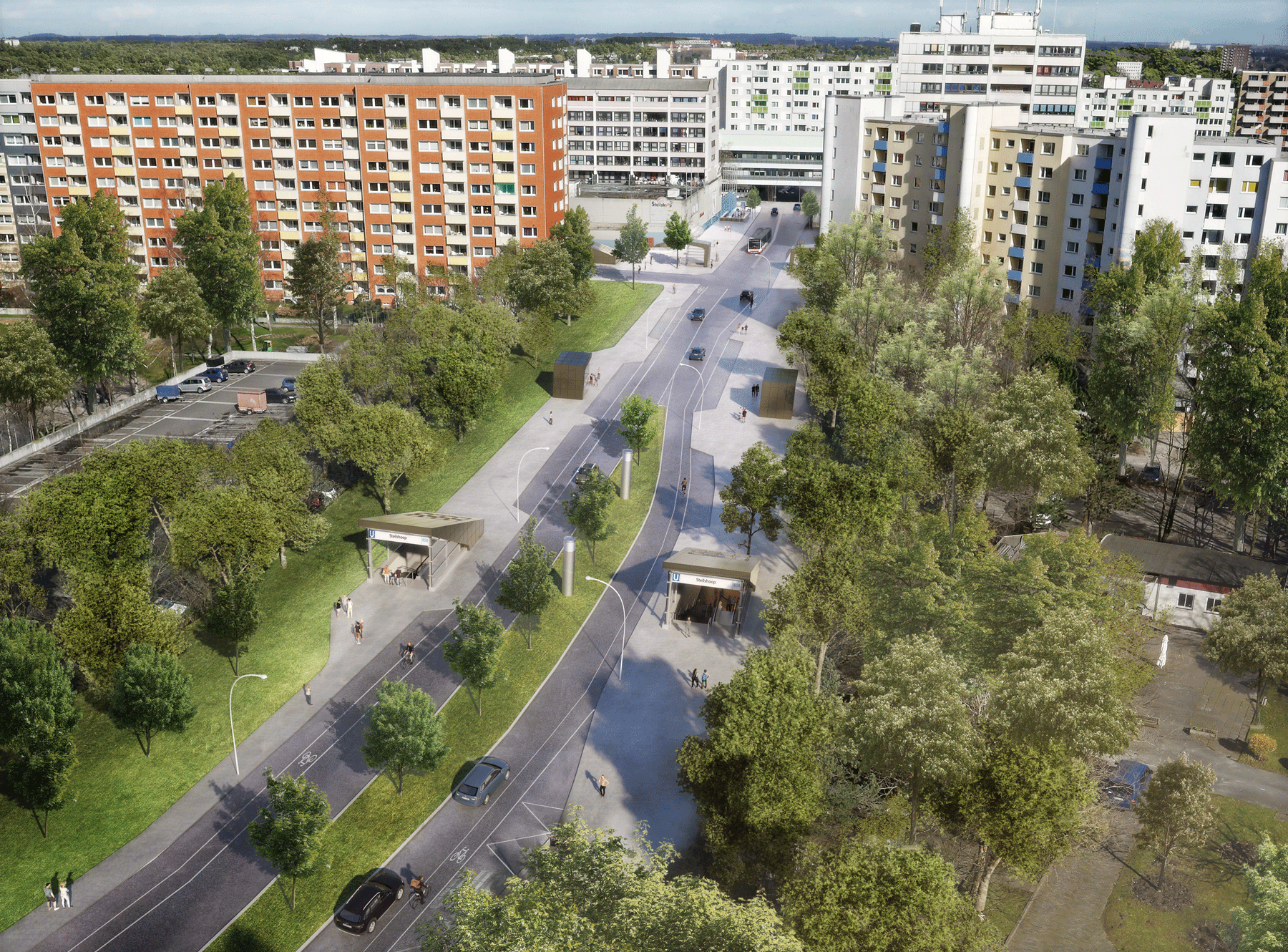 Visualisierung der westlichen Zugänge zur geplanten U5 Haltestelle Steilshoop auf Strassenniveau.