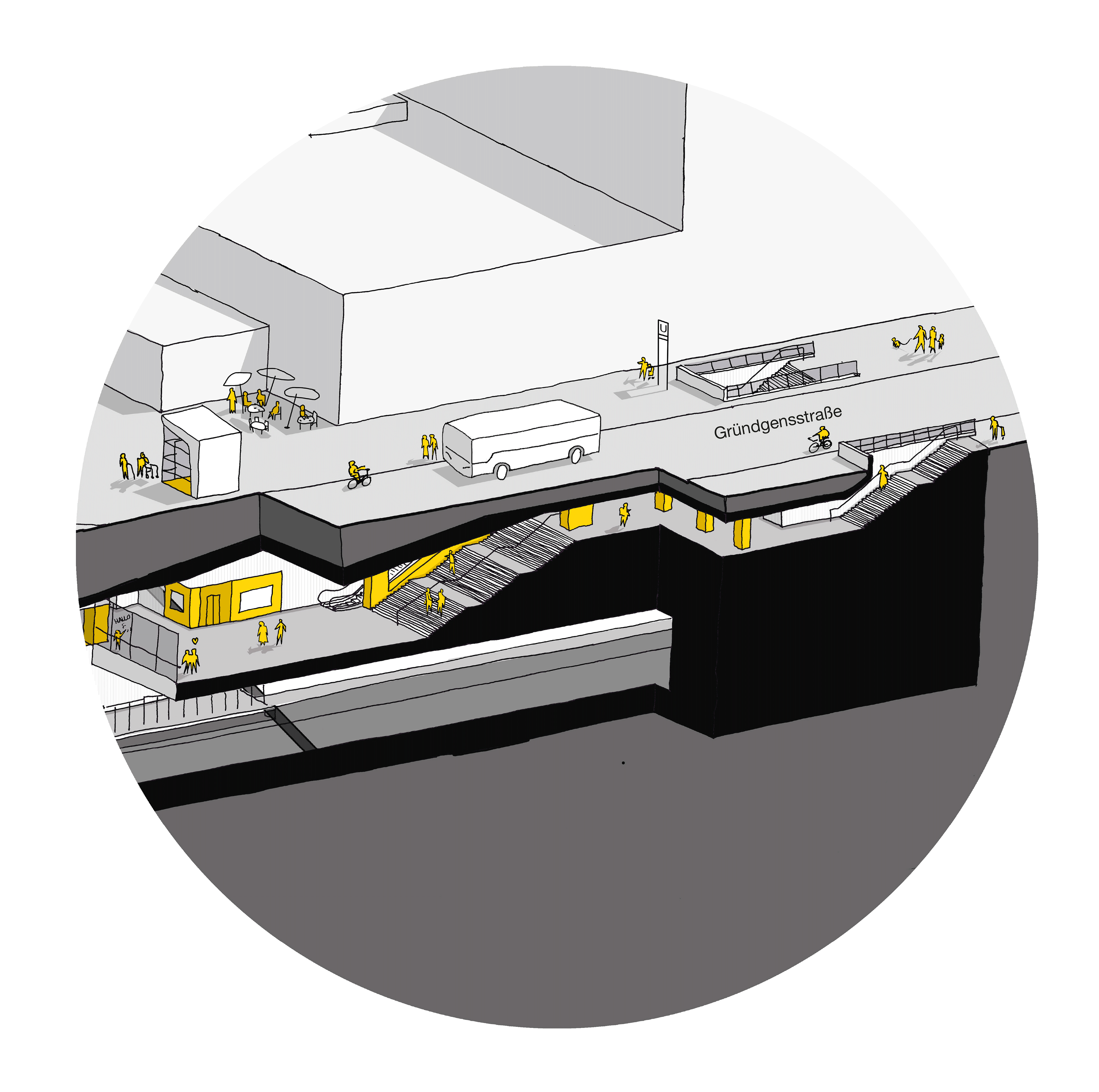 Illustration des Aufgangs zwischen der Gründgensstraße und dem Ost-Ende der geplanten U5 Haltestelle im Querschnitt.