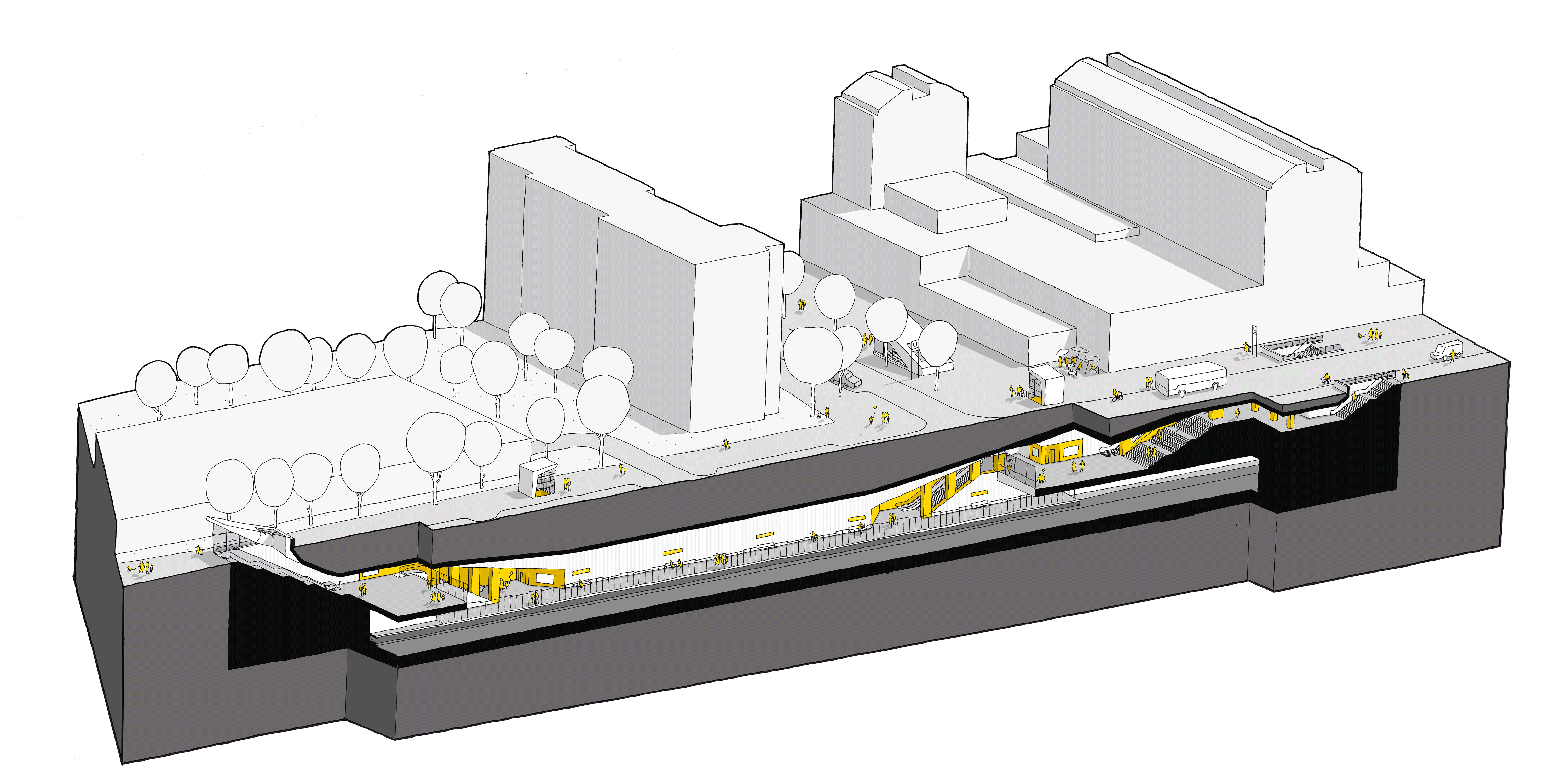 Grafik mit einem Querschnitt durch die geplante U5 Haltestelle Steilshoop.