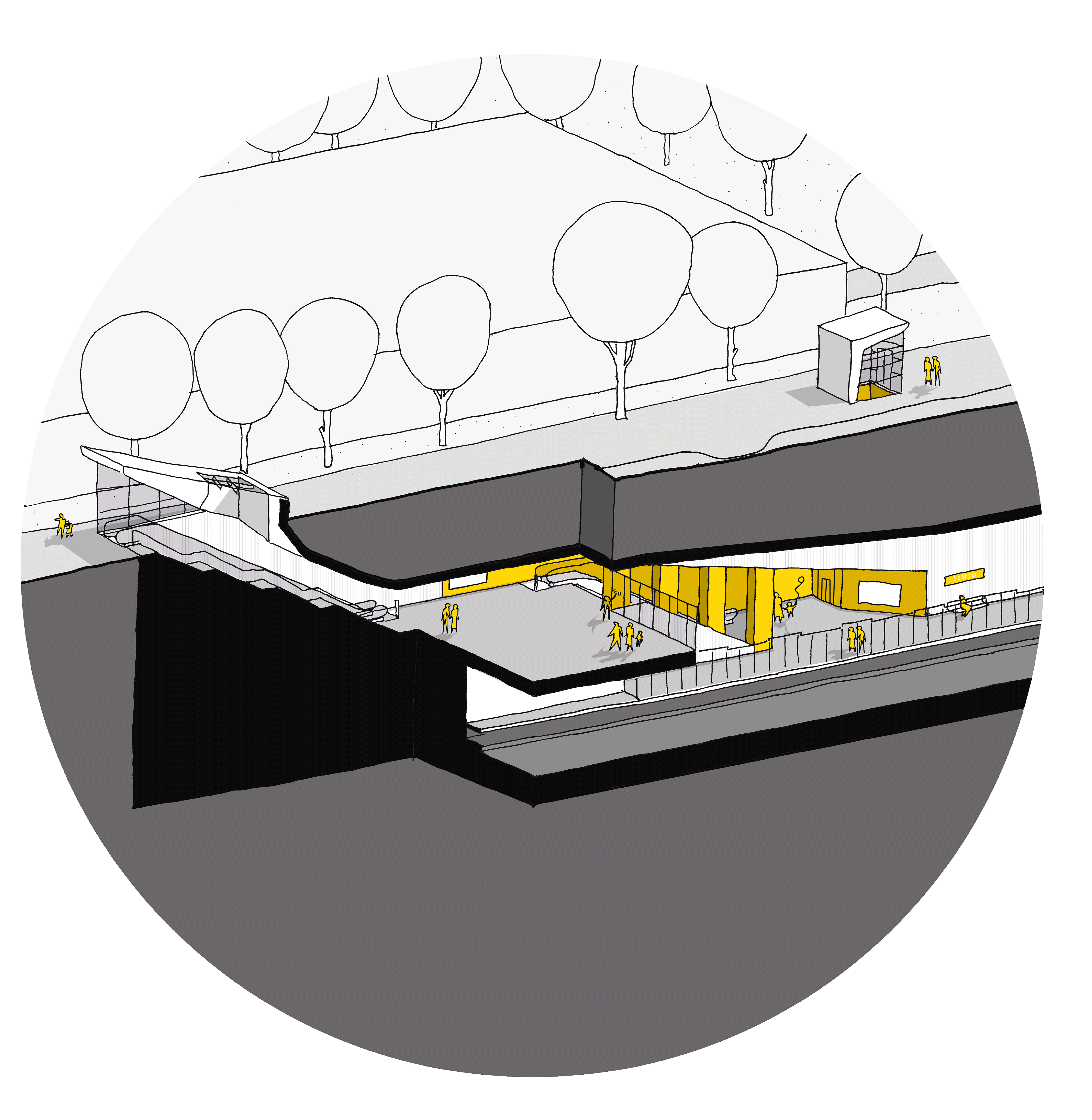 Illustration des westlichen Aufgangs der geplanten U5 Haltestelle im Querschnitt.