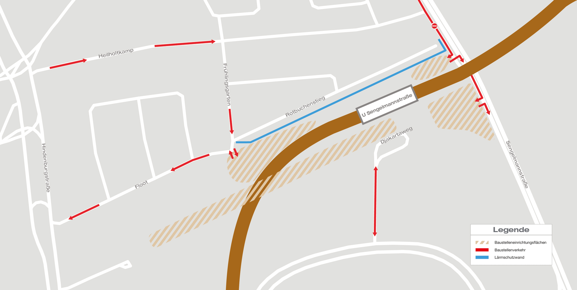 Grafik zeigt, wo sich die BE-Flächen rund um die Haltestelle U Sengelmannstraße befinden. 