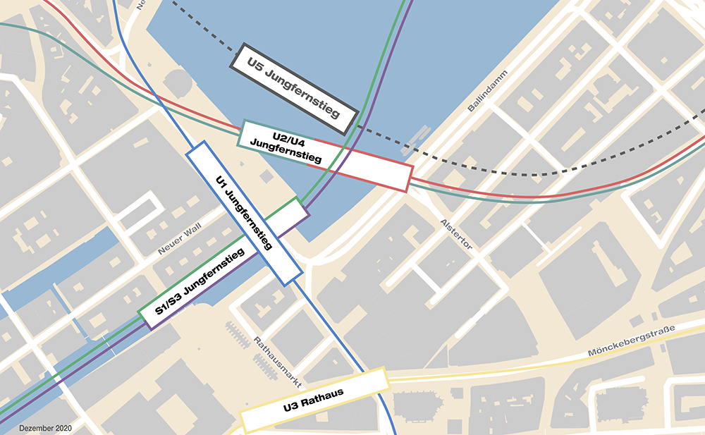 Haltestellengrafik mit der geplanten Lage der U5 Haltestelle Jungfernstieg