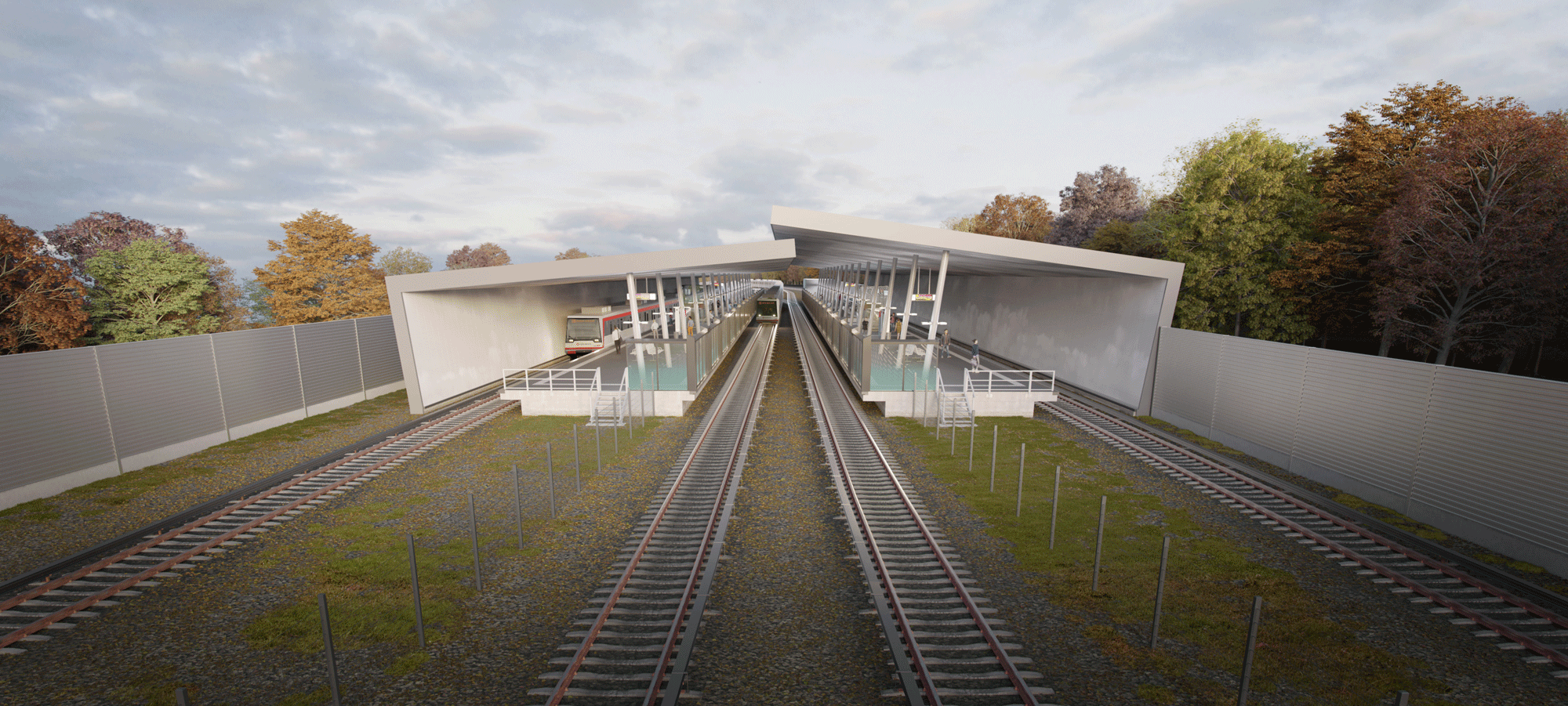 Visualisierung zeigt Haltestelle Sengelmannstraße von vorne. Zu sehen sind die zwei Bahnsteige, vier Gleise und das neue Dach. 