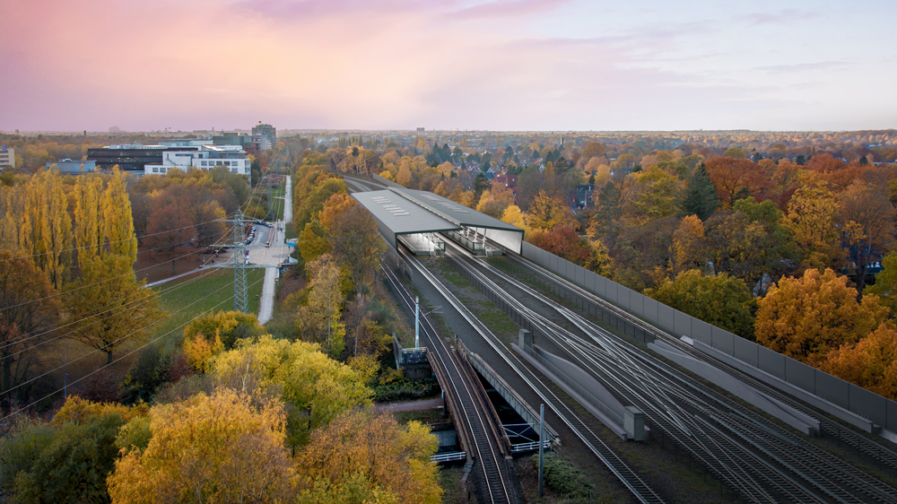 Panorama des Umfelds der Haltestelle Sengelmannstraße mit einer Visualiserung der Einhausung nach dem Umbau der Haltestelle..