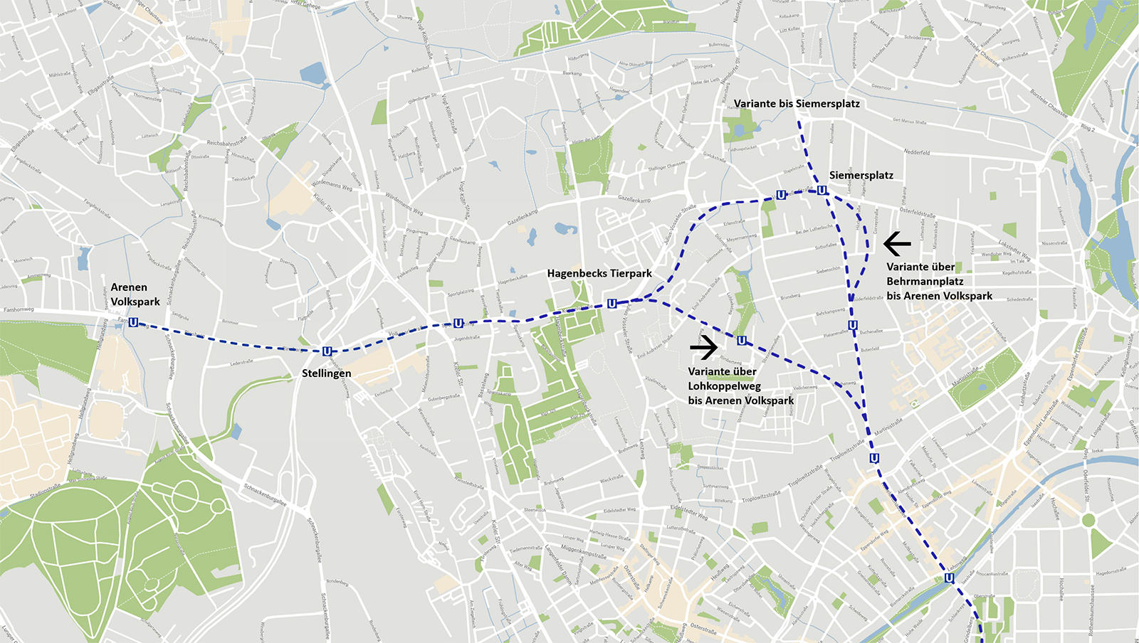 Karte mit Varianten zur U5-Linienführung in Lokstedt