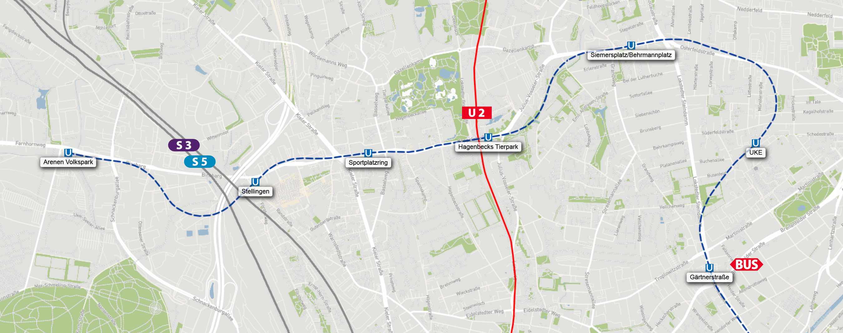 Grafik zeigt Streckenverlauf der U5 von Gärtnerstraße bis zu den Arenen, sowie den Verlauf der U2, S3 und S5