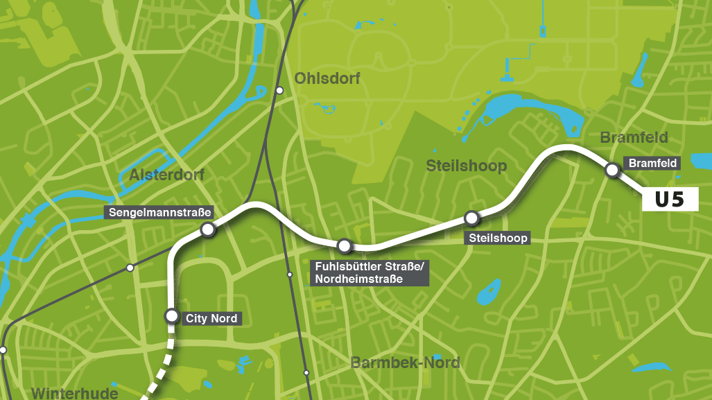 Karte mit dem geplanten Linienverlauf und Haltestellen der U5 zwischen Bramfeld und City Nord.